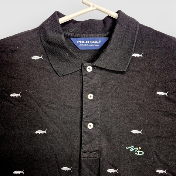 Polo Golf Ralph Lauren Mens Large Black Pima Cotton Fish Print Polo Shirt - Picture 2 of 7
